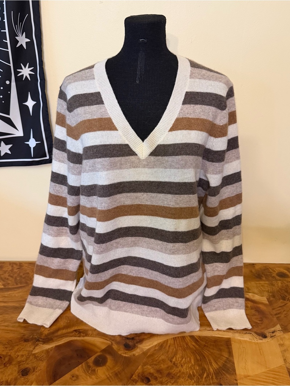Charter Club XL 100% Cashmere Heather Camel  Striped V-Neck Pullover Sweater